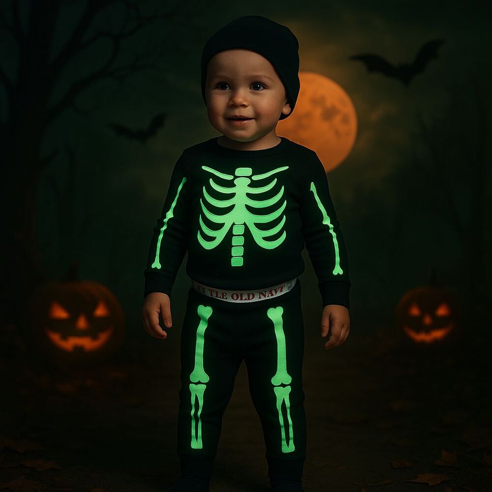 Old Navy Baby Skeleton Pajamas 6-12M Glow in Dark NWT 2 Piece Cotton Halloween - Picture 9 of 12